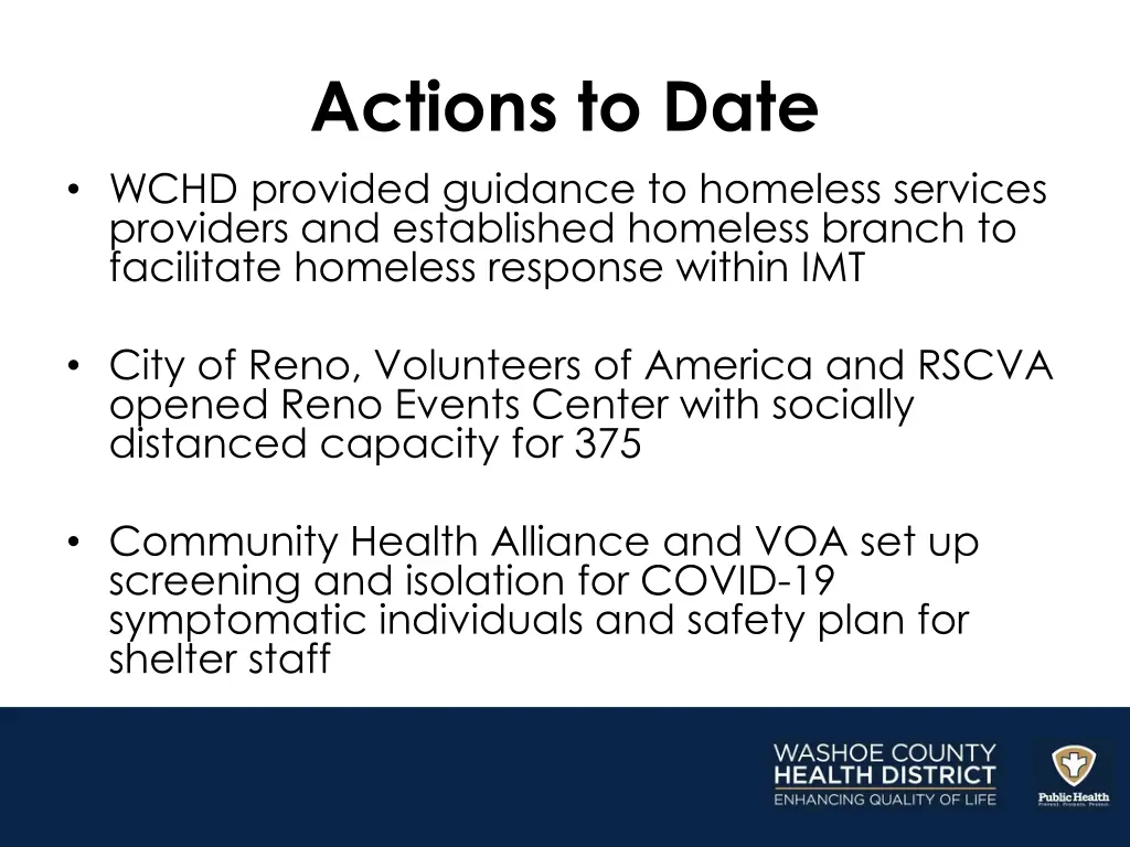 actions to date wchd provided guidance