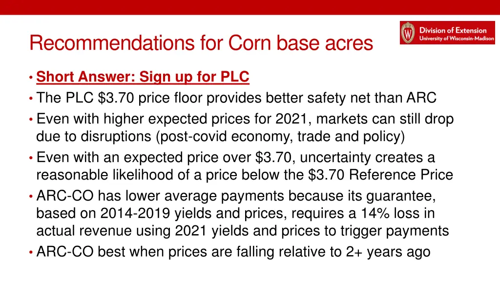 recommendations for corn base acres