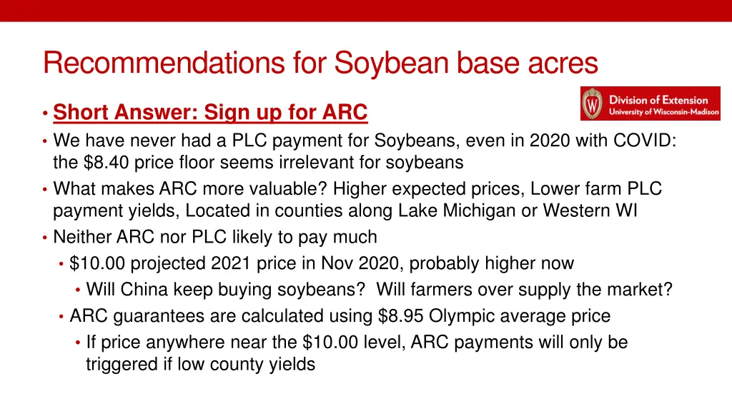 recommendations for soybean base acres