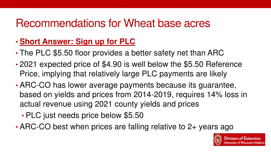 recommendations for wheat base acres