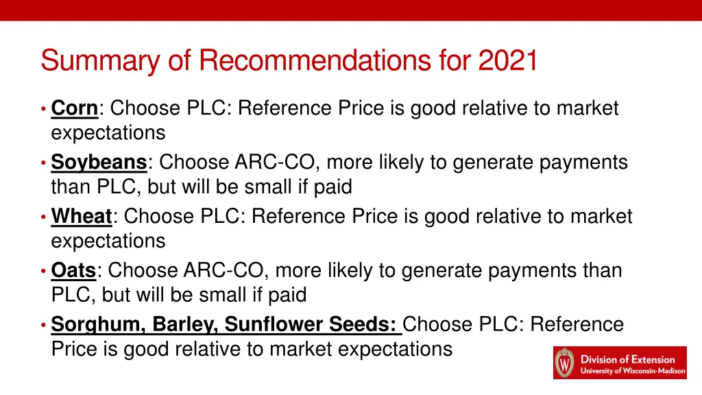 summary of recommendations for 2021
