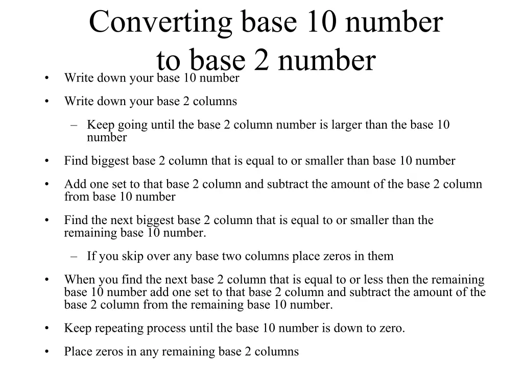 converting base 10 number to base 2 number write