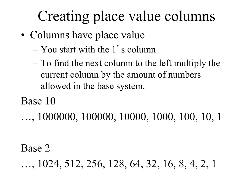 creating place value columns columns have place