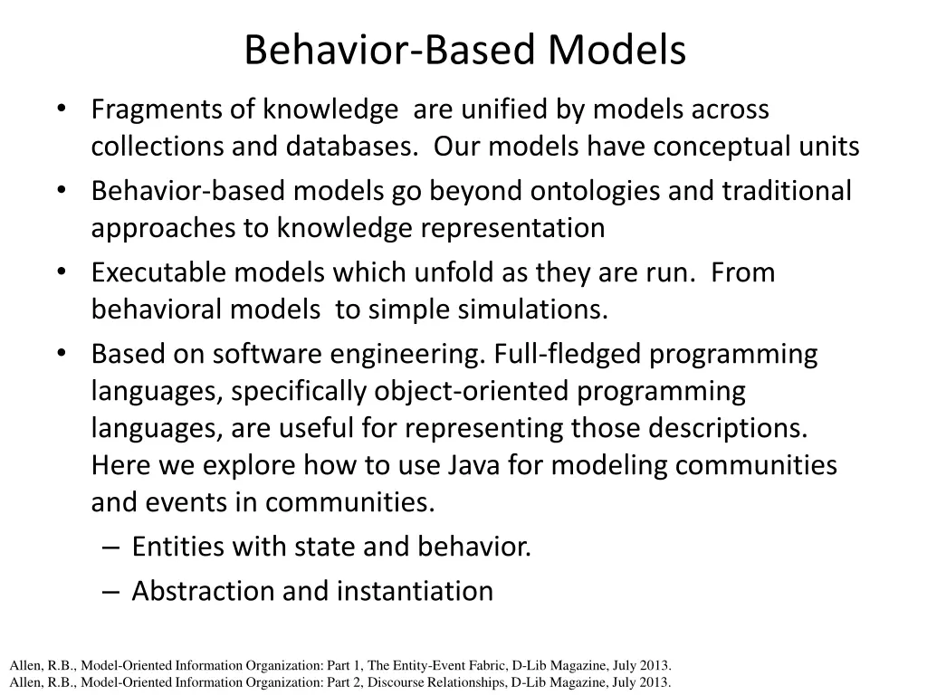 behavior based models fragments of knowledge