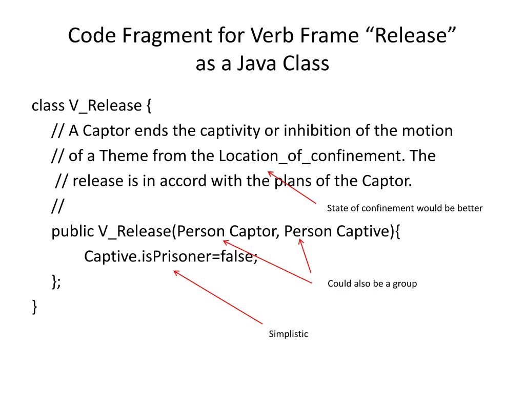 code fragment for verb frame release as a java