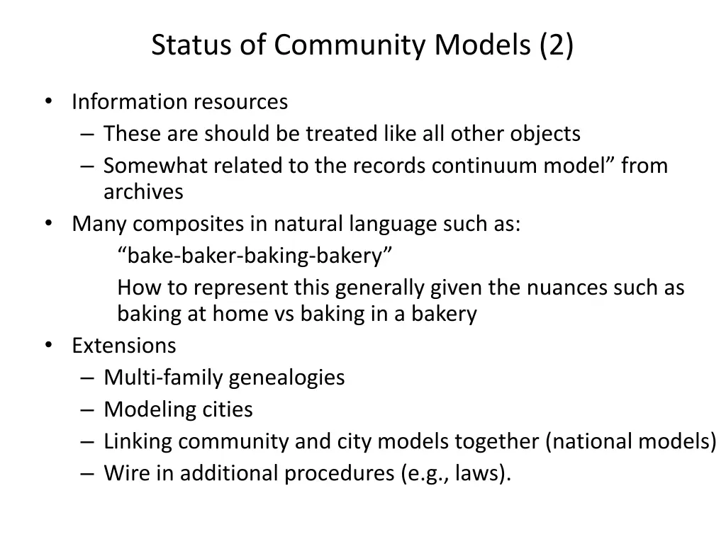 status of community models 2