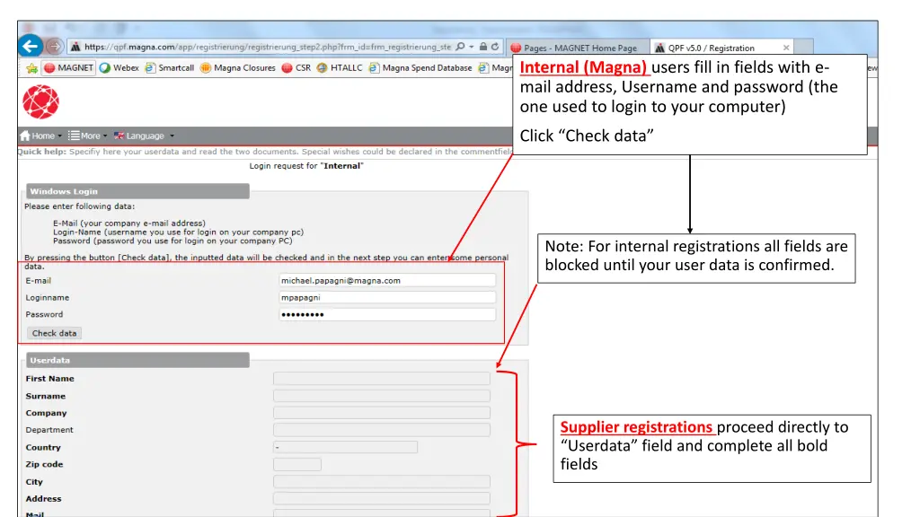 internal magna users fill in fields with e mail