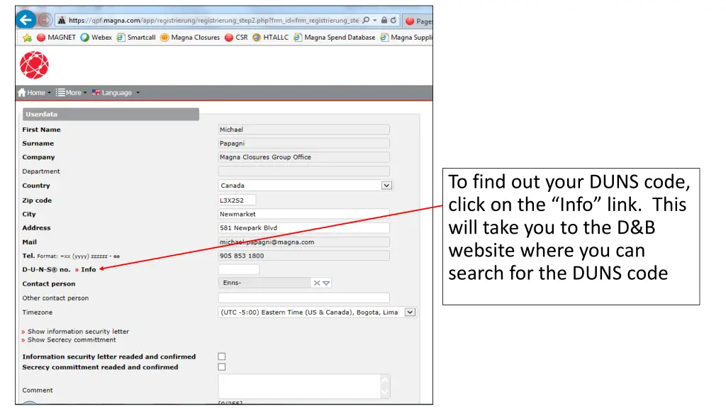 to find out your duns code click on the info link