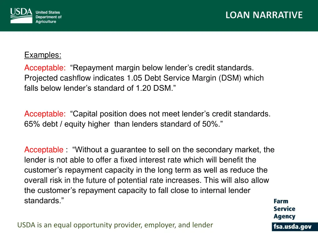 examples acceptable repayment margin below lender