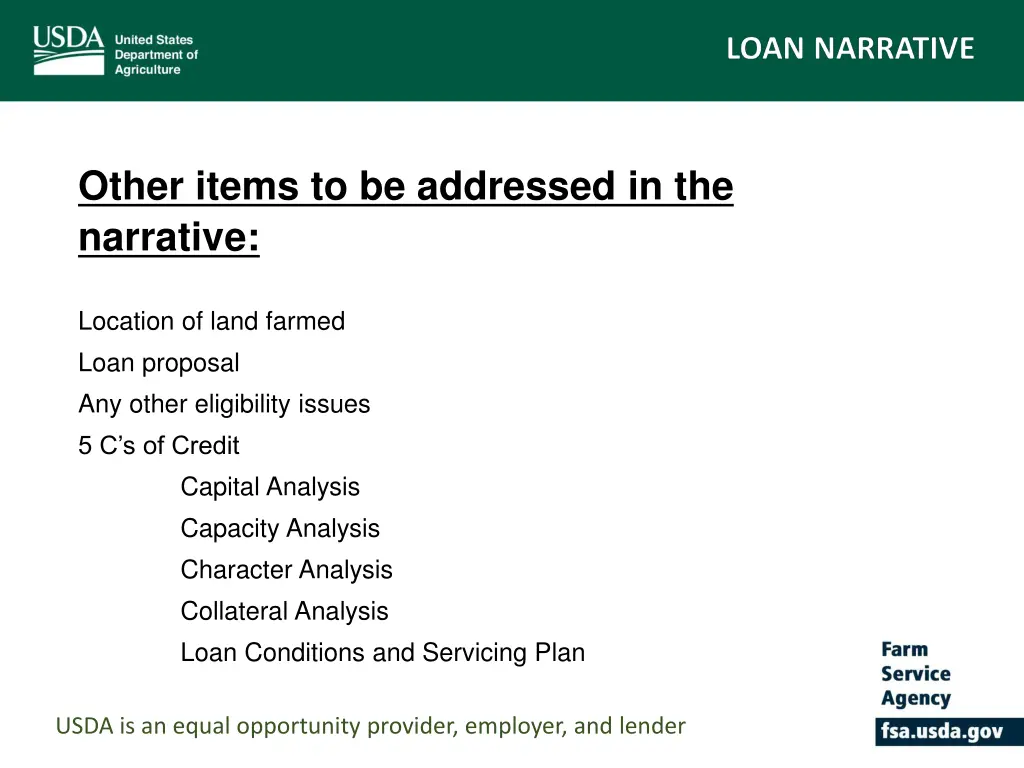 other items to be addressed in the narrative