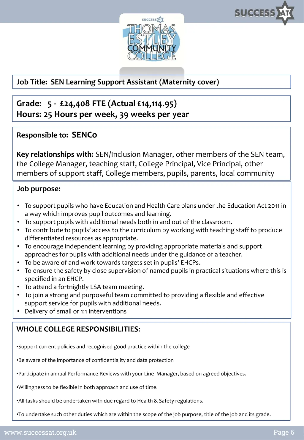 job title sen learning support assistant