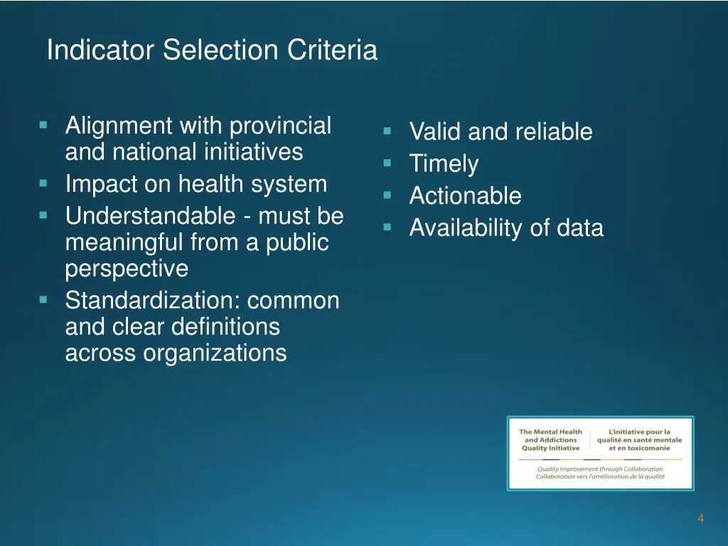 indicator selection criteria