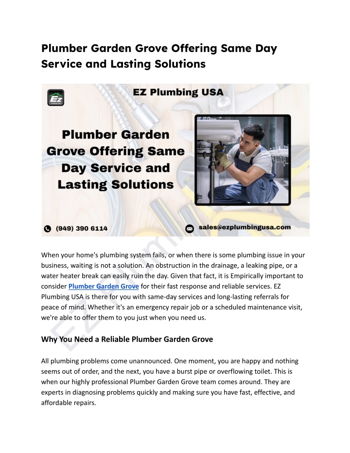 plumber garden grove o ering same day service