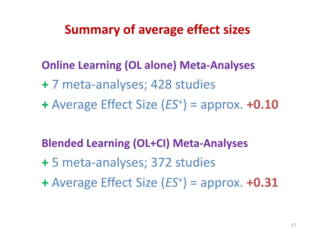 summary of average effect sizes