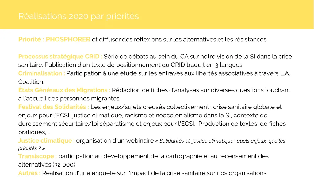 r alisations 2020 par priorit s 2
