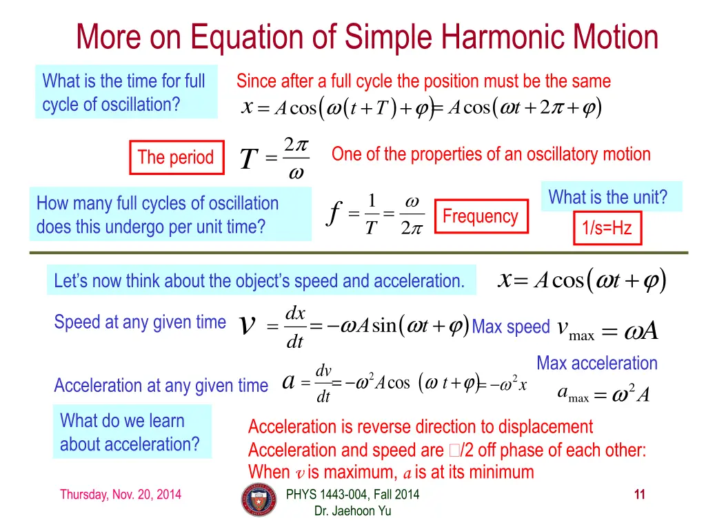 more on equation of simple harmonic motion