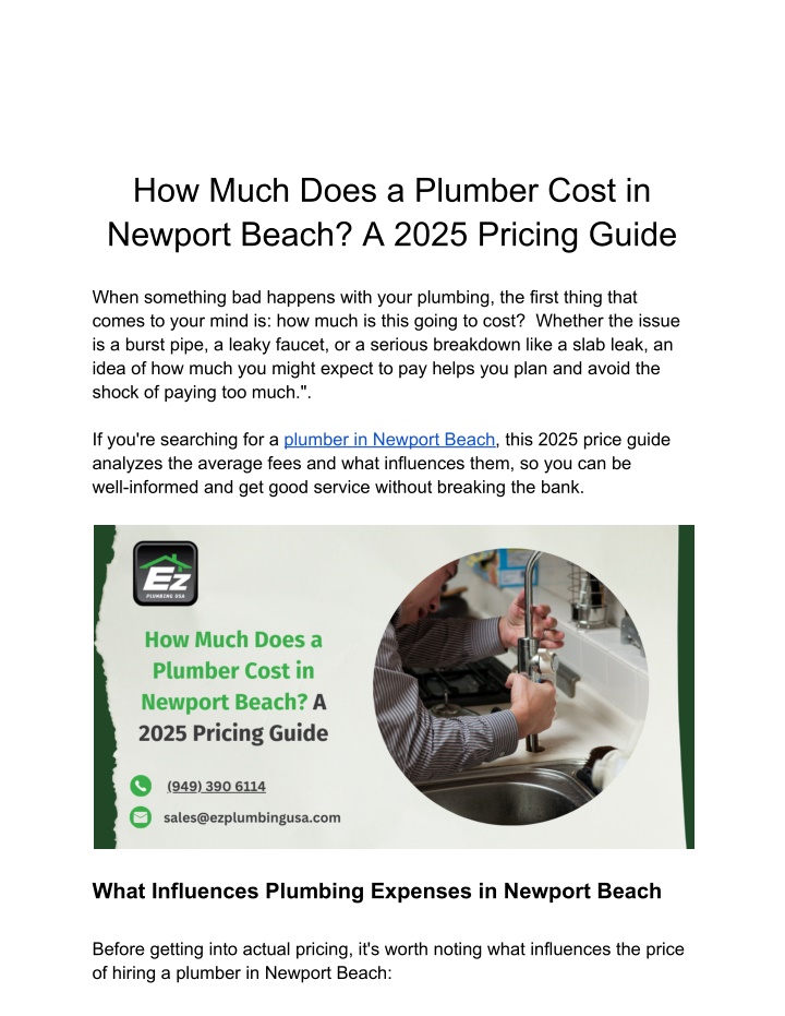 how much does a plumber cost in newport beach