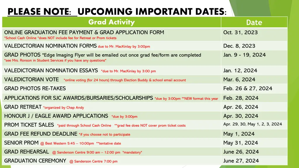 please note upcoming important dates grad activity