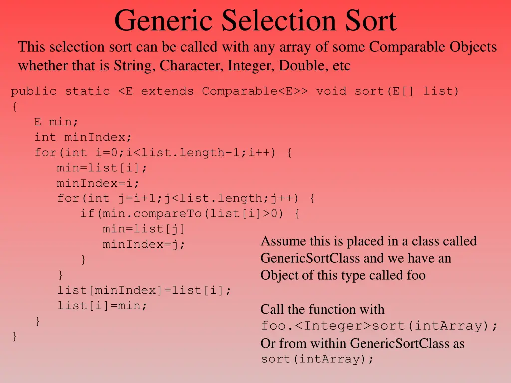 generic selection sort this selection sort