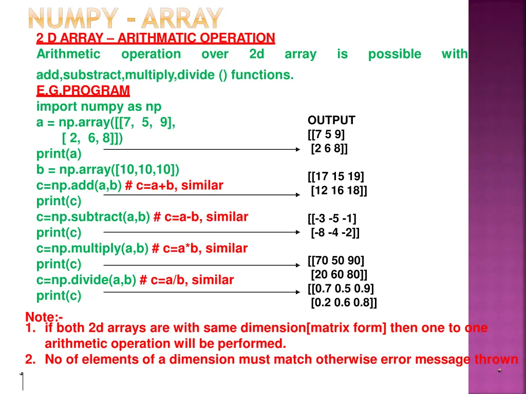 numpy array 2 d array arithmatic operation