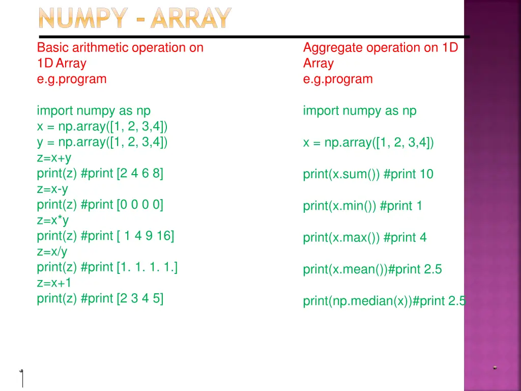 numpy array basic arithmetic operation on 1darray