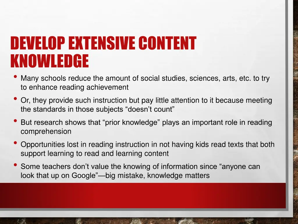 develop extensive content knowledge many schools