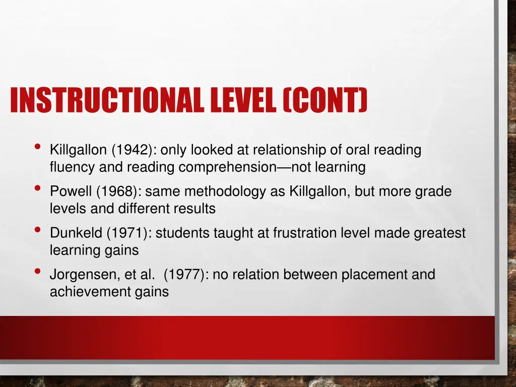 instructional level cont