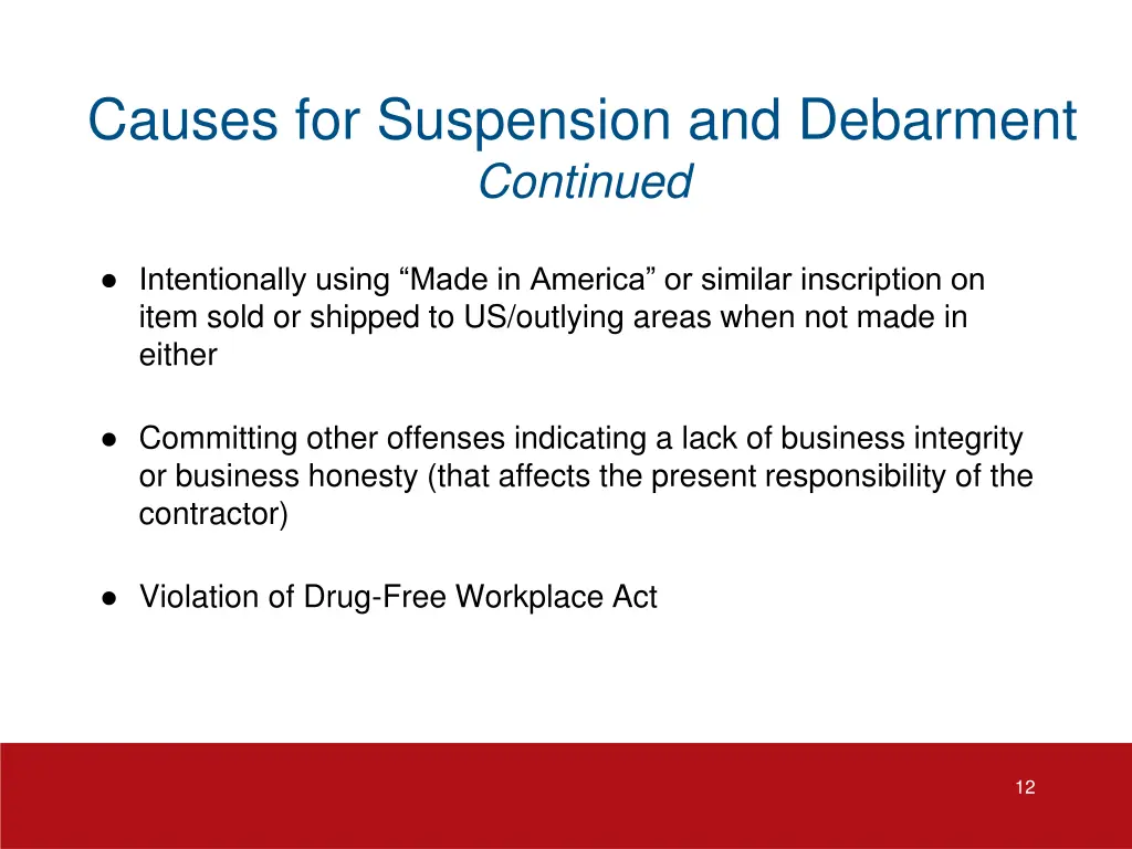 causes for suspension and debarment continued