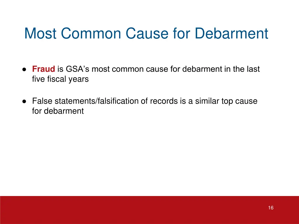 most common cause for debarment