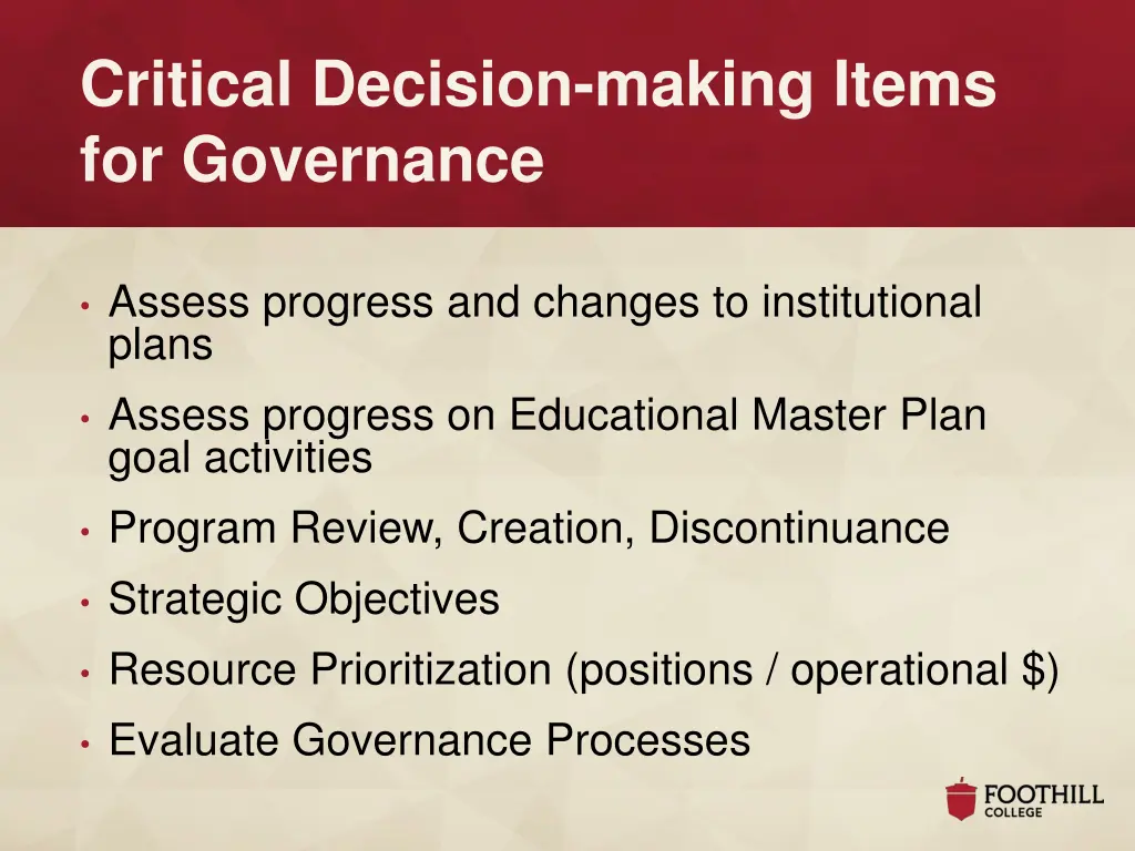 critical decision making items for governance