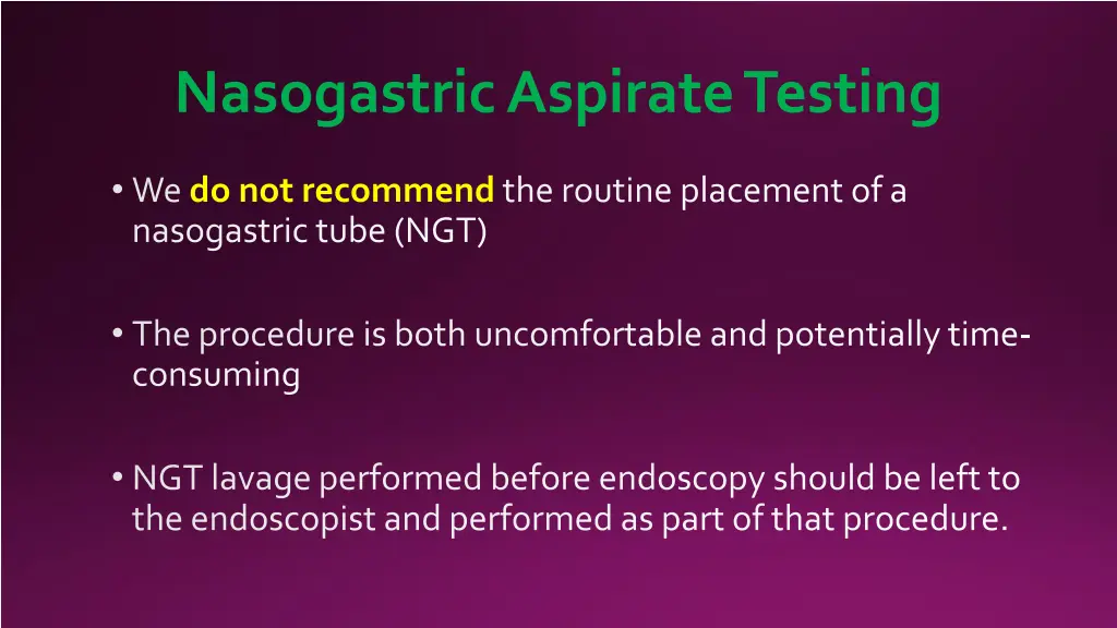 nasogastric aspirate testing