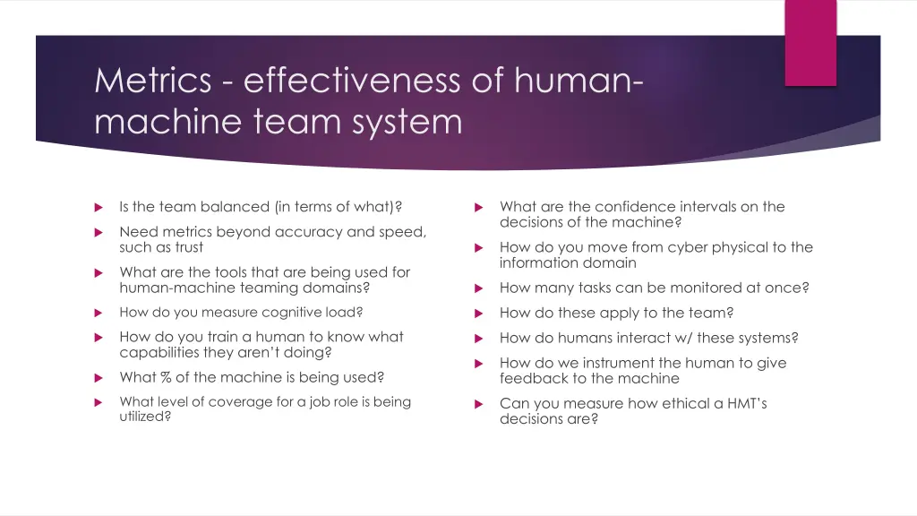 metrics effectiveness of human machine team system