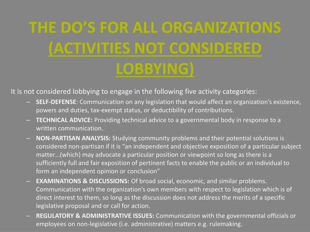 the do s for all organizations activities
