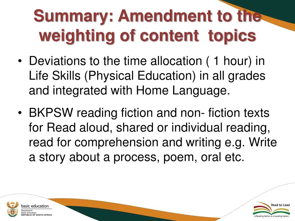 summary amendment to the weighting of content