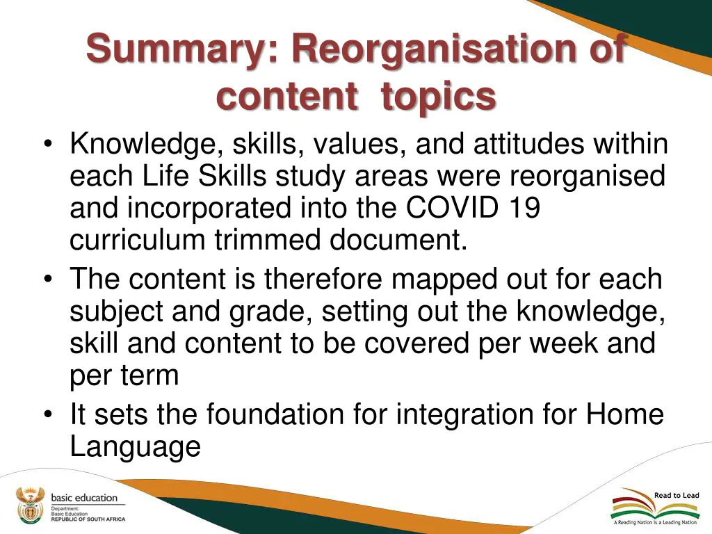 summary reorganisation of content topics