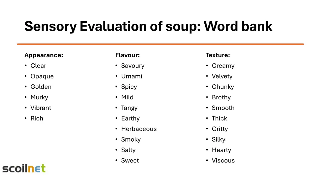 sensory evaluation of soup word bank