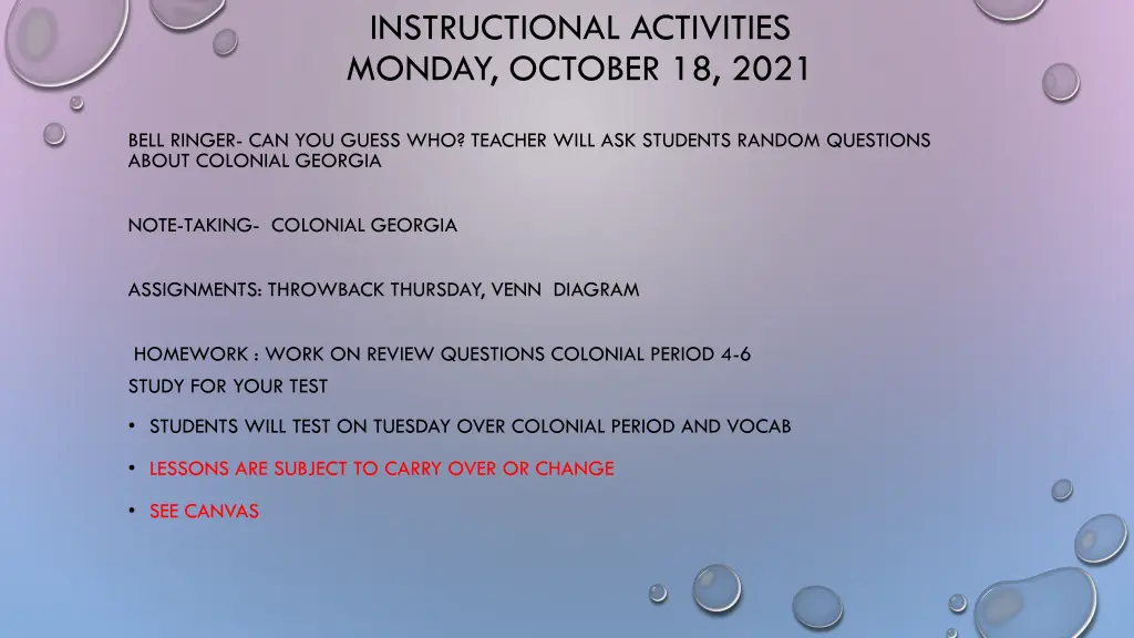 instructional activities monday october 18 2021