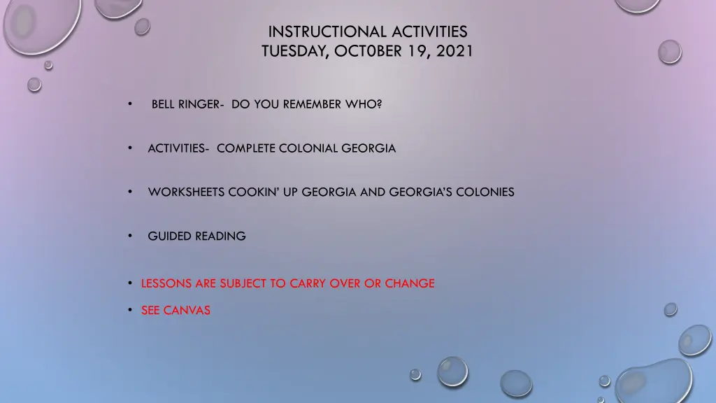 instructional activities tuesday oct0ber 19 2021