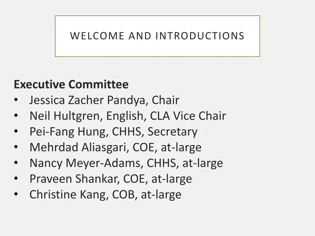 welcome and introductions