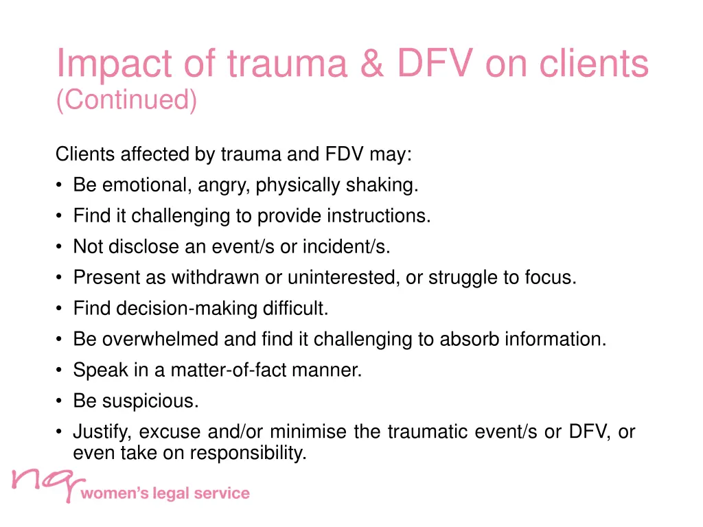 impact of trauma dfv on clients continued