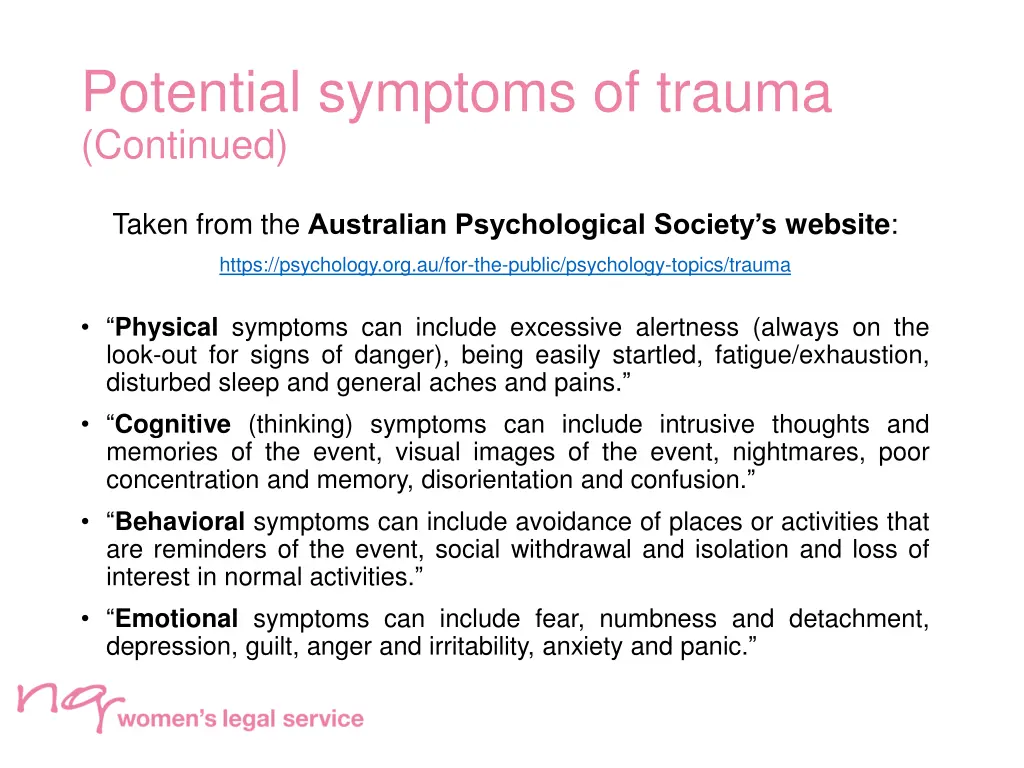 potential symptoms of trauma continued
