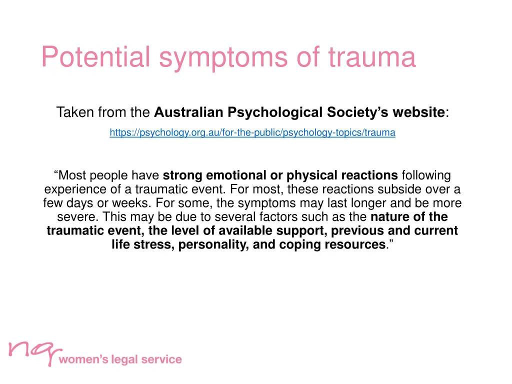 potential symptoms of trauma