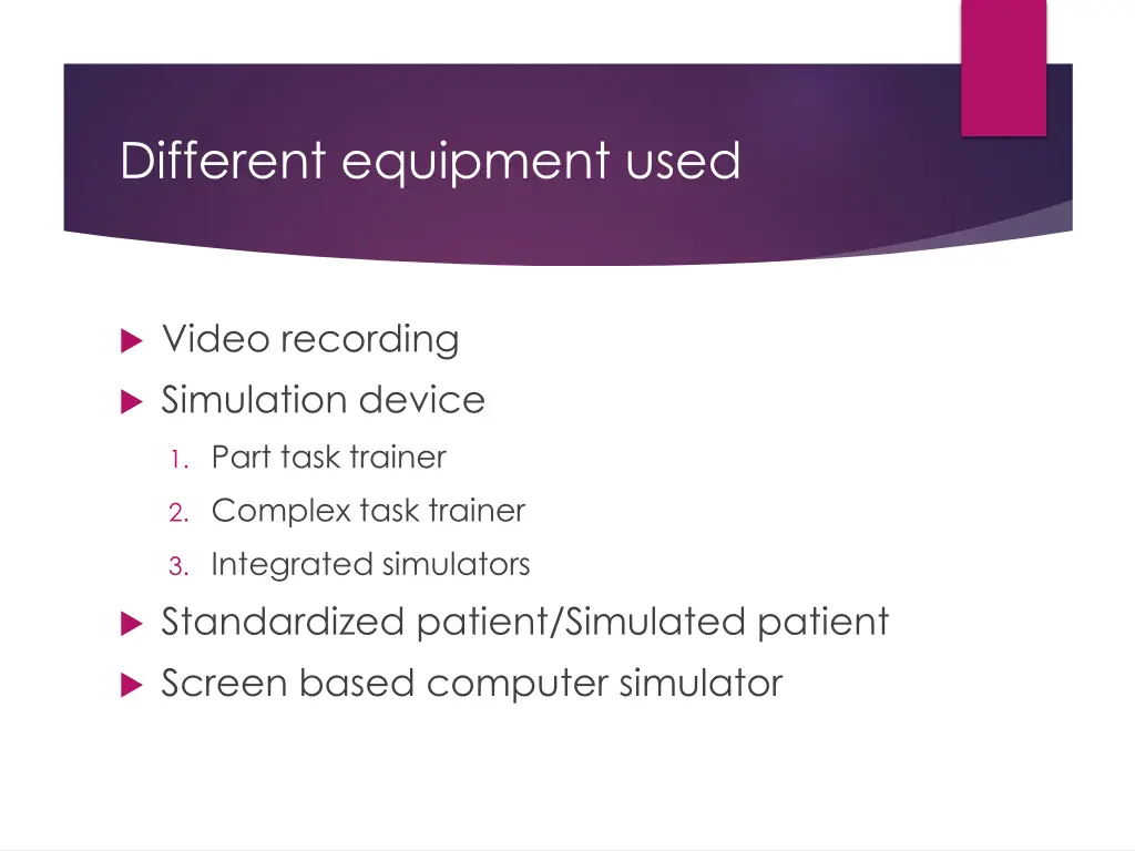 different equipment used