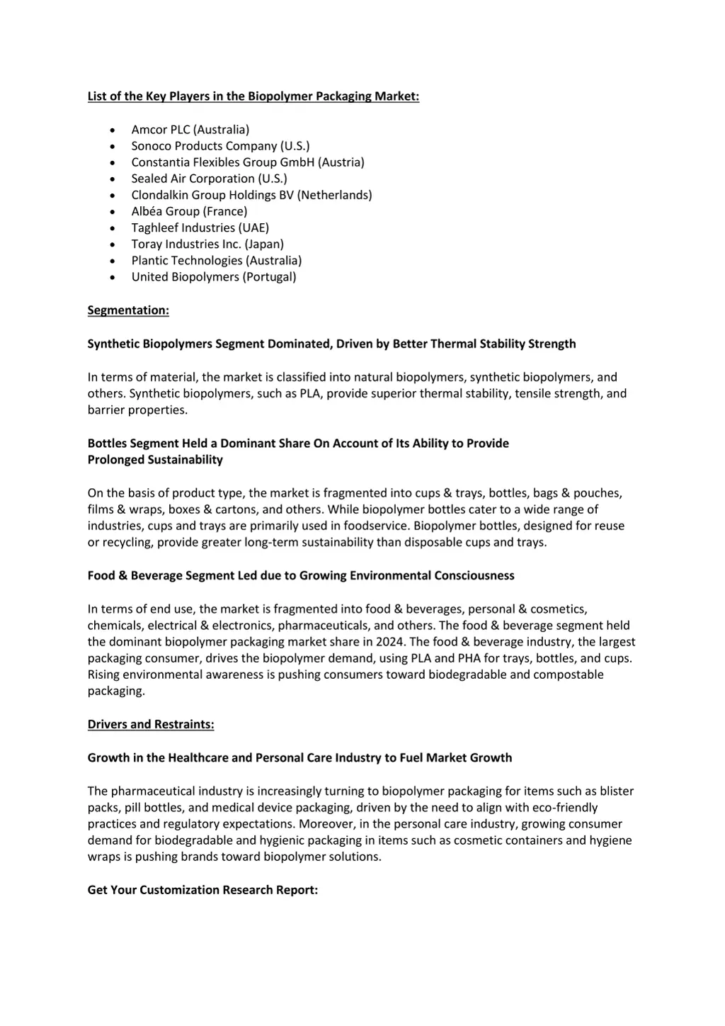 list of the key players in the biopolymer