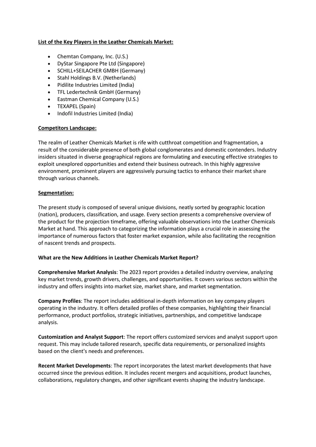 list of the key players in the leather chemicals