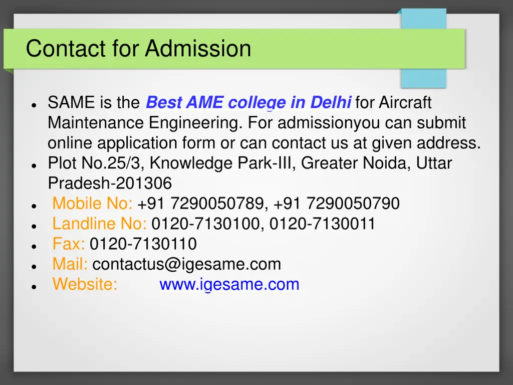 contact for admission