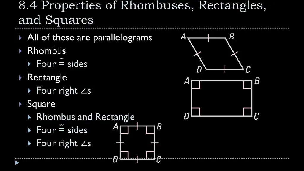 8 4 properties of rhombuses rectangles and squares
