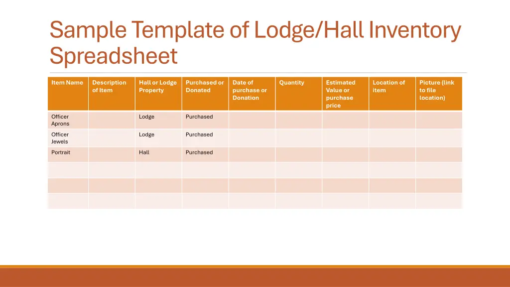 sample template of lodge hall inventory