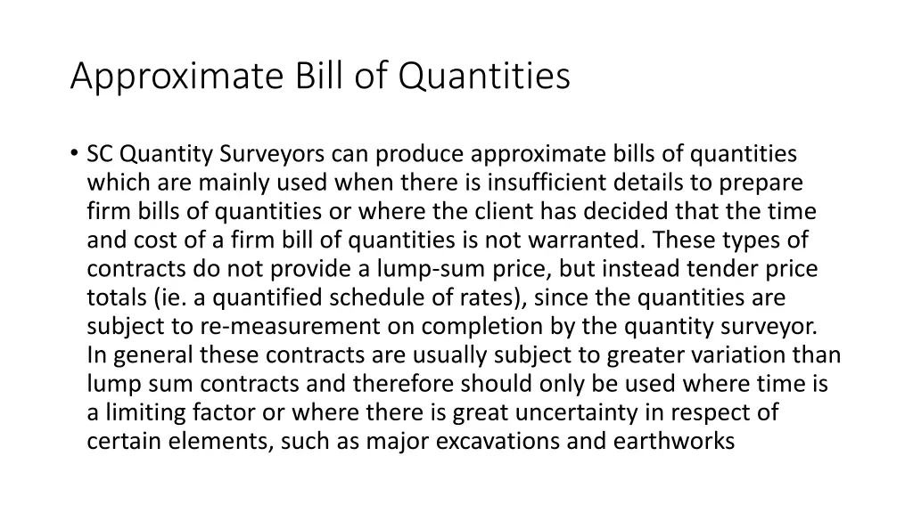 approximate bill of quantities