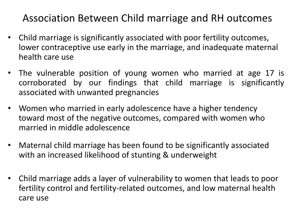 association between child marriage and rh outcomes
